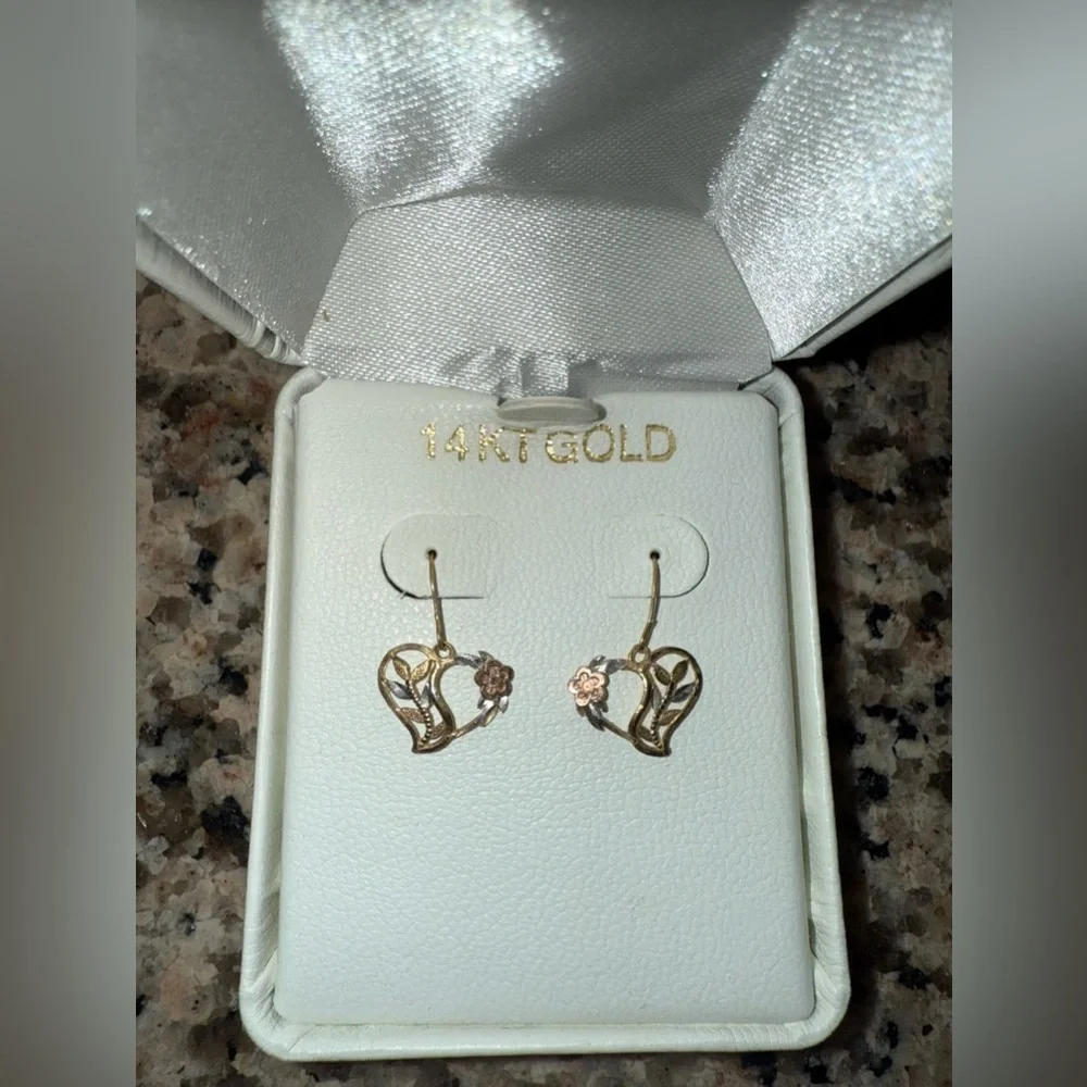14KT Gold Heart Earrings with Rose Accents - Picture 2 of 6